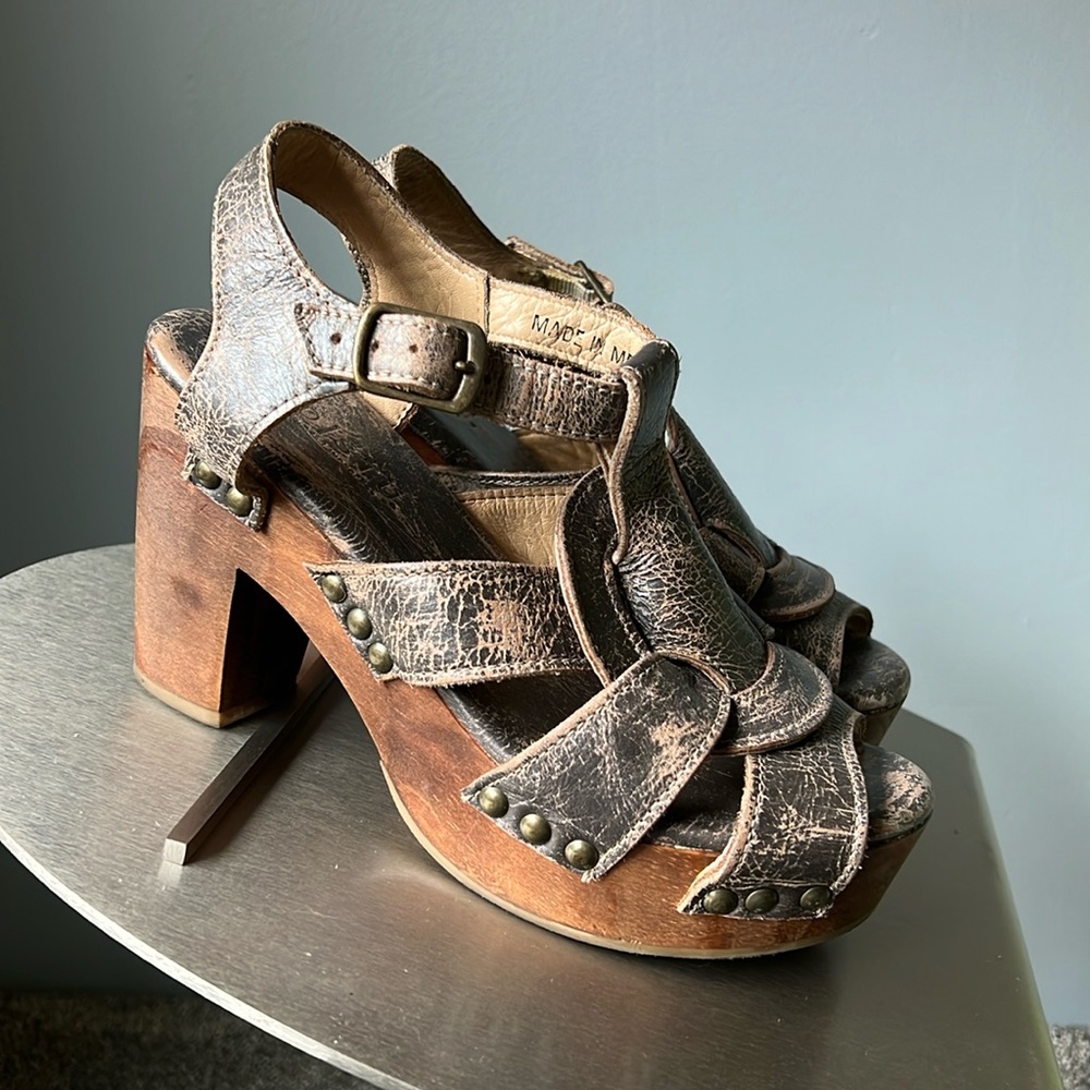 Bed Stu Brown Distressed Leather Wood Platform Sandals
